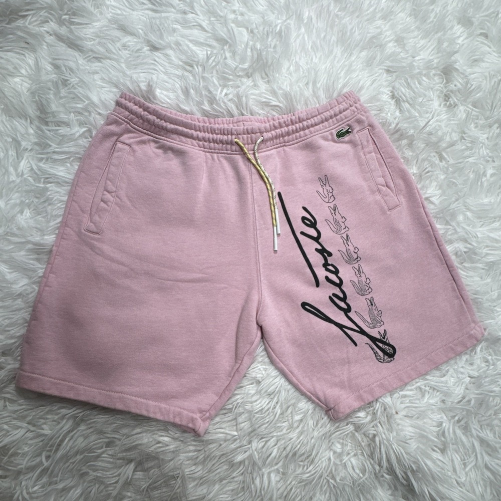 LACOSTE Big Gator Logo Terry Fleece Shorts Pink 8" Inseam Mens Size Large Rare!